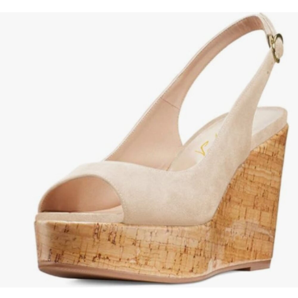 FOWT Apricot Peep Toe Slingback Platform Wedge High Heel Buckle Open Toe Sandals